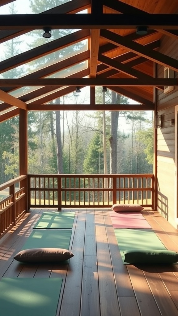Interior of a cozy cabin with yoga mats and cushions, surrounded by trees