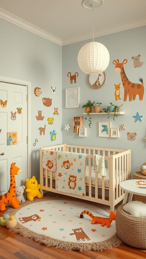 A whimsical animal-themed nursery featuring animal wall stickers, a cozy crib, and playful decor.