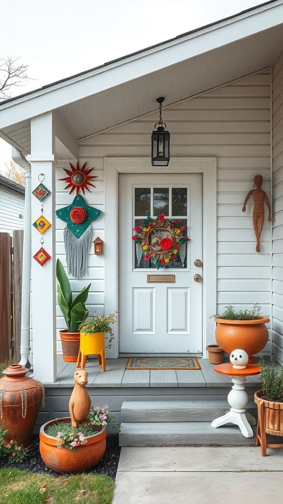 A colorful tiny front porch with whimsical art pieces including a sun wall hanging, a teal figure, and playful animal figurines.