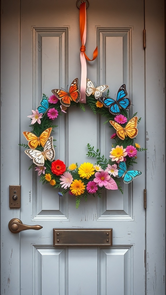 A colorful summer wreath featuring butterflies and flowers, hanging on a door.