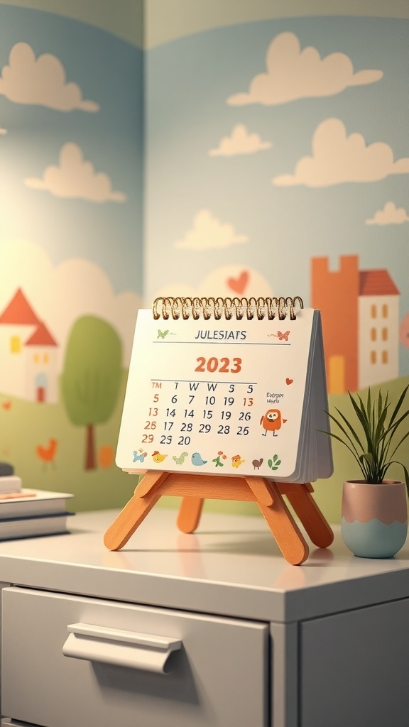 A colorful standing calendar displaying the month of July 2023 with charming illustrations.