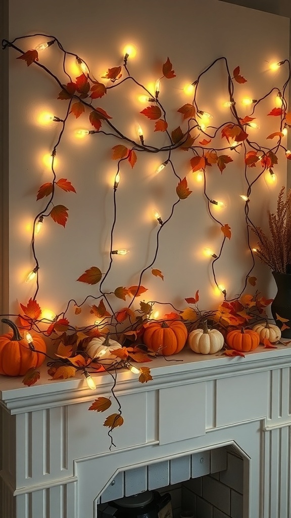 A mantel decorated with fairy lights and autumn leaves, featuring pumpkins.