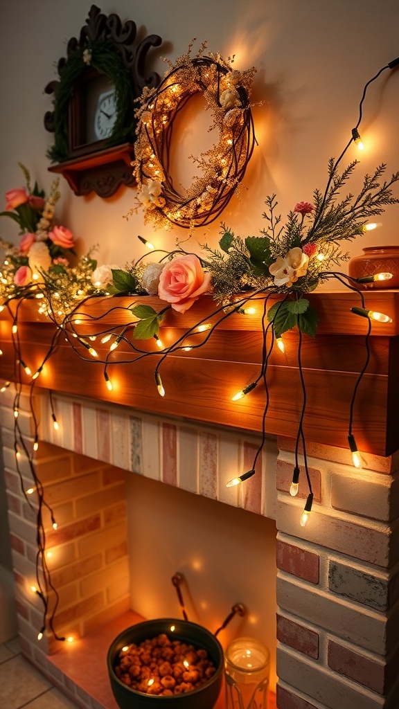 A cozy mantel decorated with fairy lights, flowers, and a wreath, creating a warm spring atmosphere.