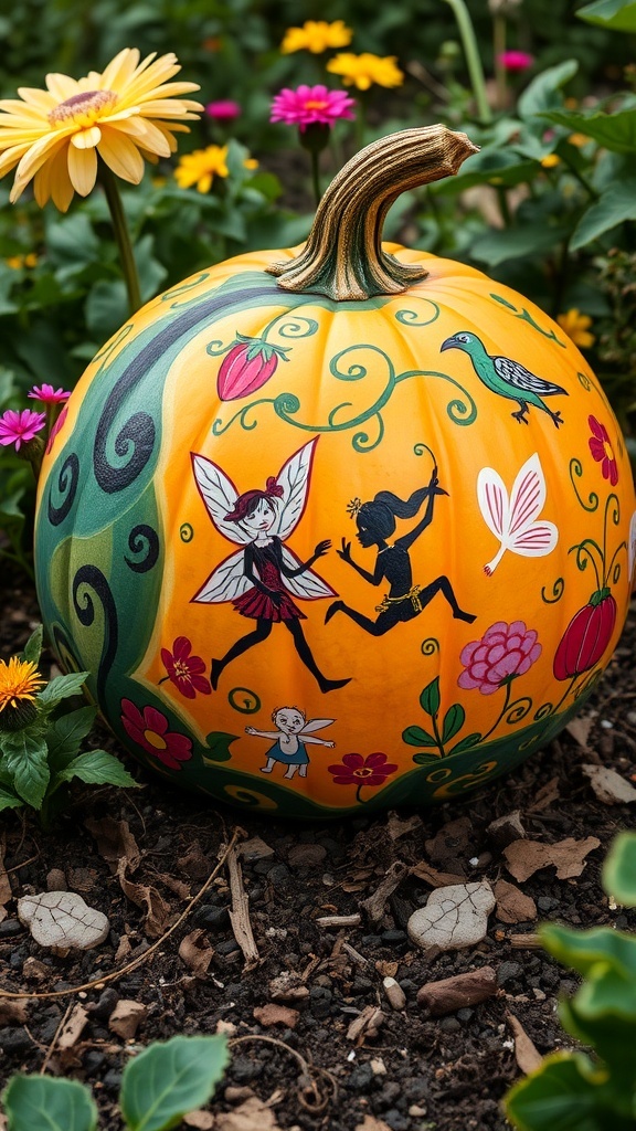 A beautifully painted pumpkin featuring whimsical fairy tale characters and flowers, surrounded by colorful blooms in a garden.