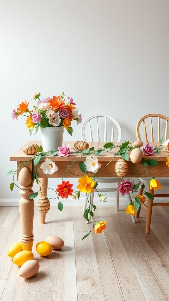 A table decorated with a floral garland, featuring colorful flowers and decorative eggs.