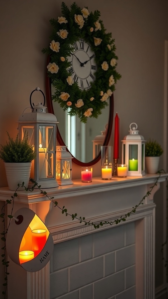 A summer mantel decor featuring whimsical lanterns and colorful candles, with a mirror and floral wreath.