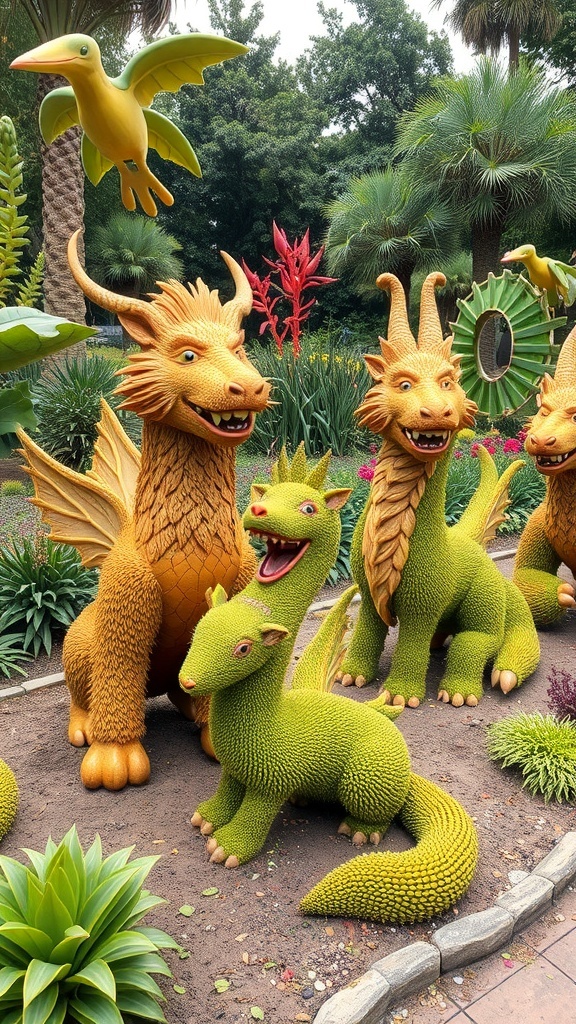 Colorful whimsical plant sculptures of dragons and a bird in a garden.