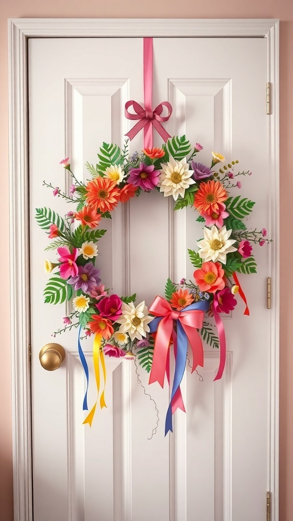 A colorful floral wreath with ribbons hanging on a white bedroom door.