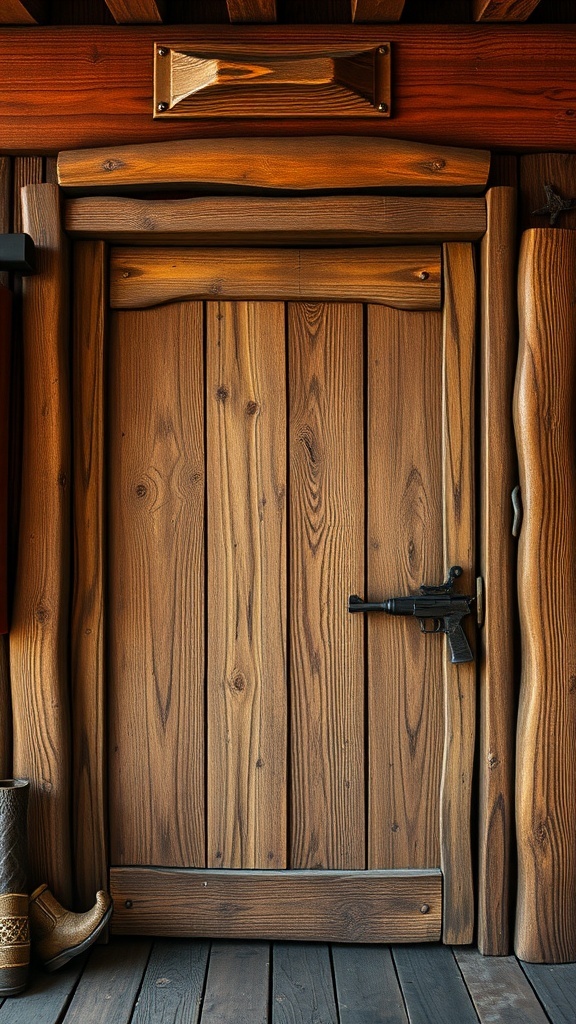 A rustic wooden door, styled like a Wild West saloon with cowboy boots and a toy gun at the base.