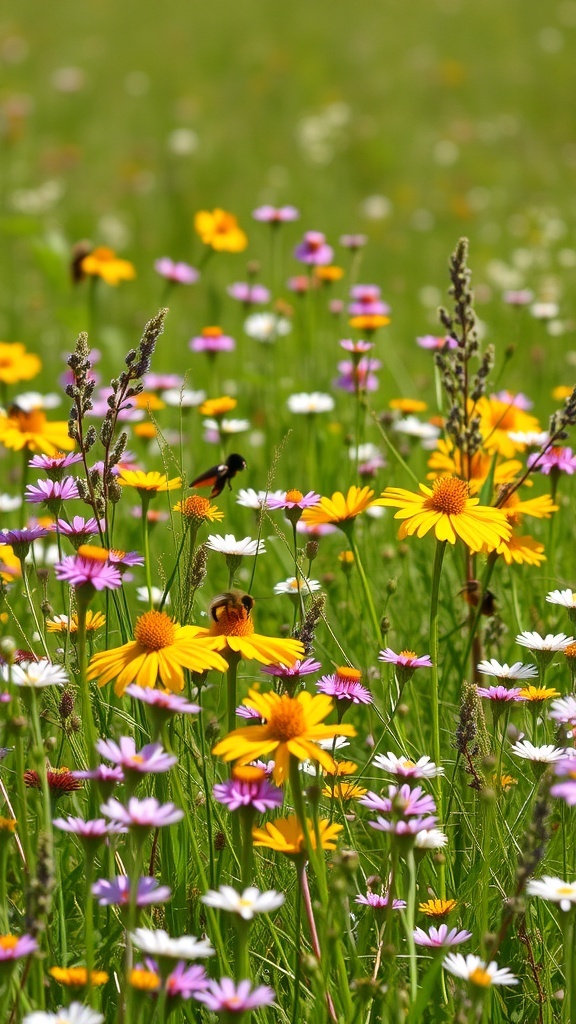 A colorful wildflower meadow filled with various flowers and pollinators.