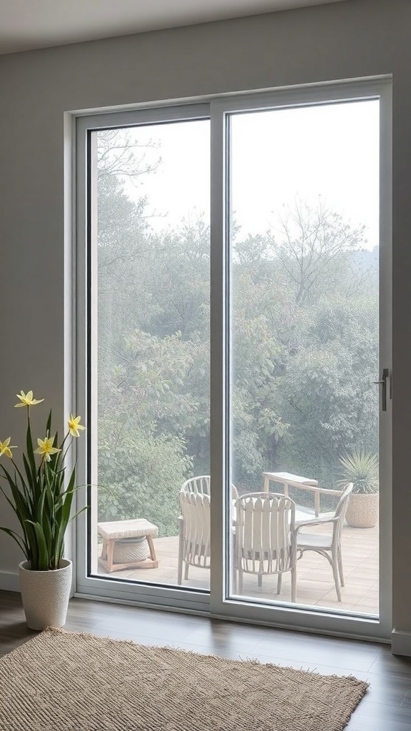 A stylish sliding glass door with a view of the outdoors, complemented by indoor plants.