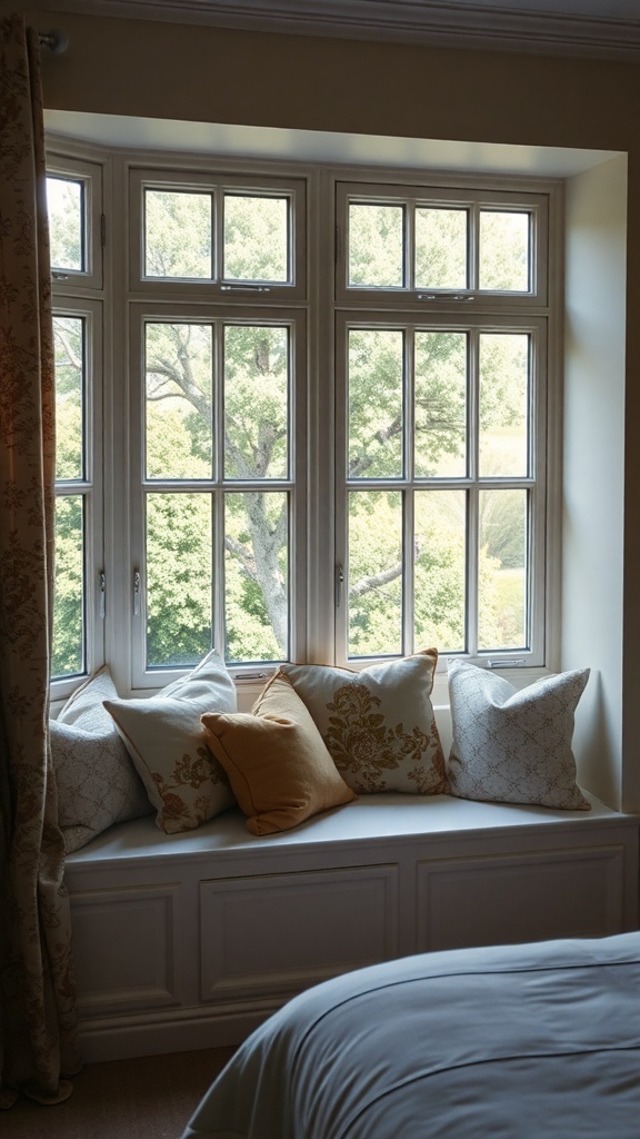 Cozy window seat with cushions and scenic view outside