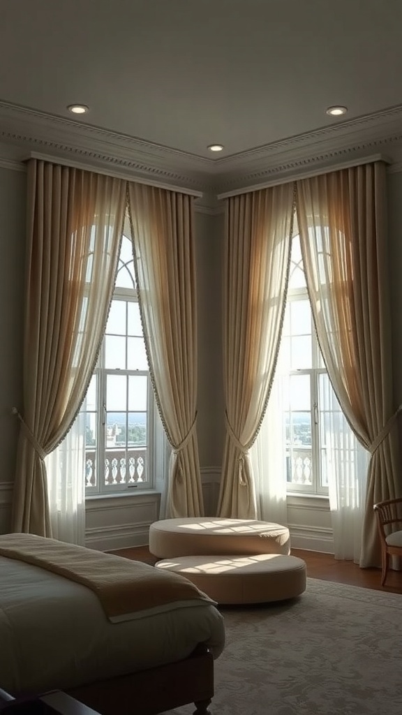 Elegant window treatments in a master bedroom with large windows and soft drapes.