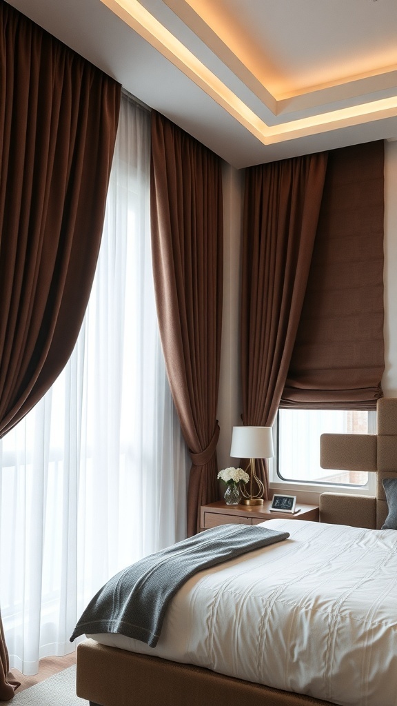 A classy bedroom with rich brown drapes and sheer white curtains framing a window.