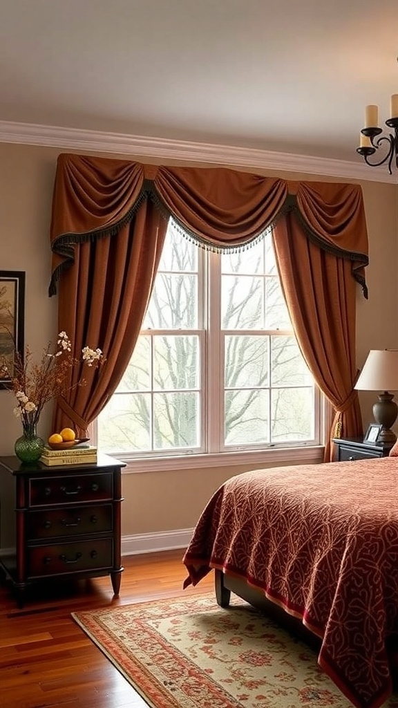 A cozy bedroom with rich, warm-toned curtains framing a window, showcasing a seasonal vibe.