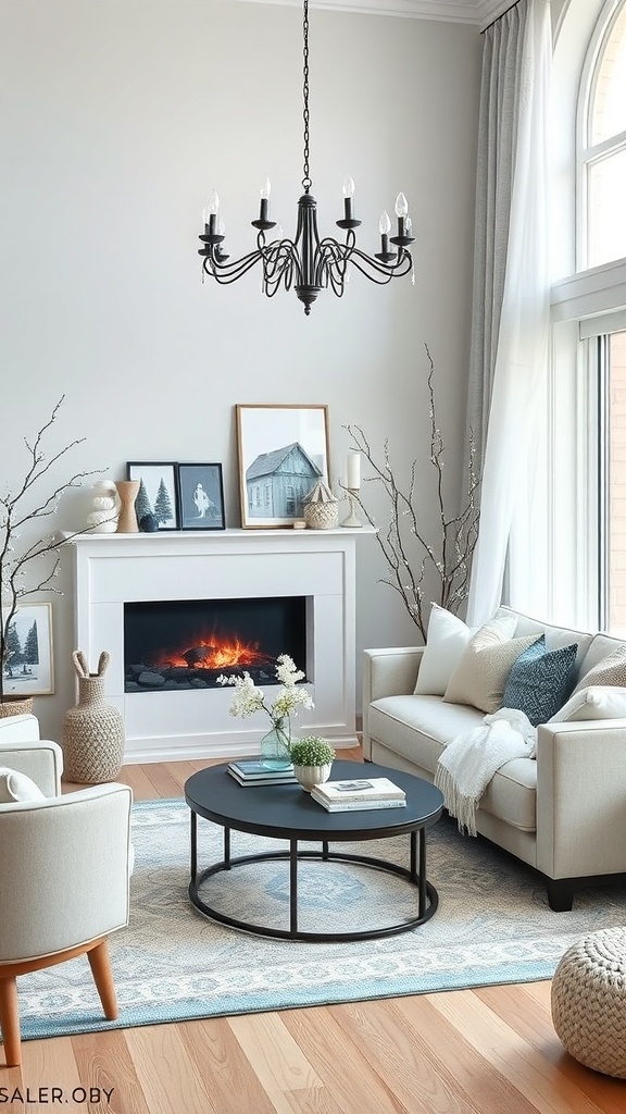 A cozy winter living room with a light color palette, featuring a black chandelier, a fireplace, and natural decor elements.