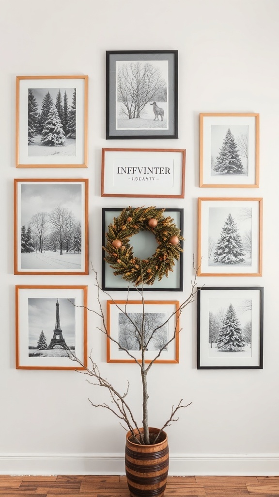A gallery wall with winter-themed black-and-white artwork and a decorative wreath.