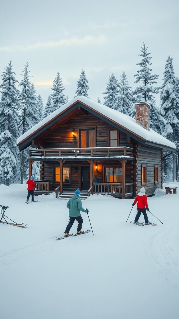 A cozy cabin in a snowy landscape with people skiing nearby.