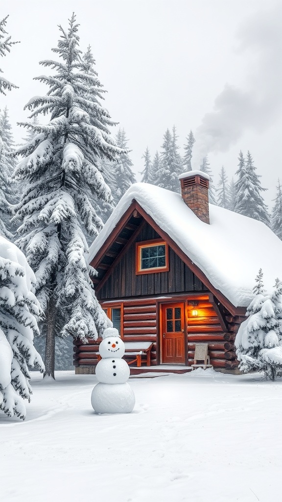 A cozy cabin in a snowy landscape with a snowman in front.