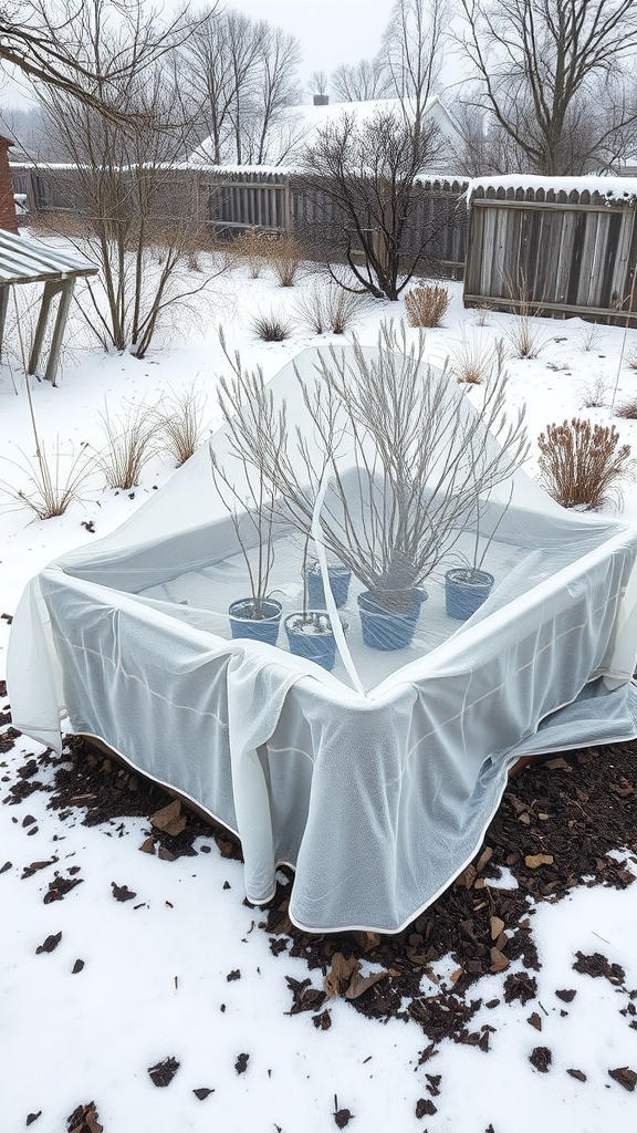 A raised garden bed covered with protective cloth in a snowy winter setting.