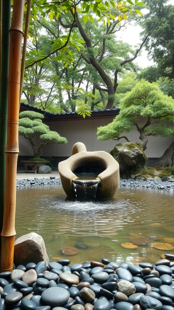 A tranquil Zen bamboo water fountain surrounded by greenery and smooth stones.