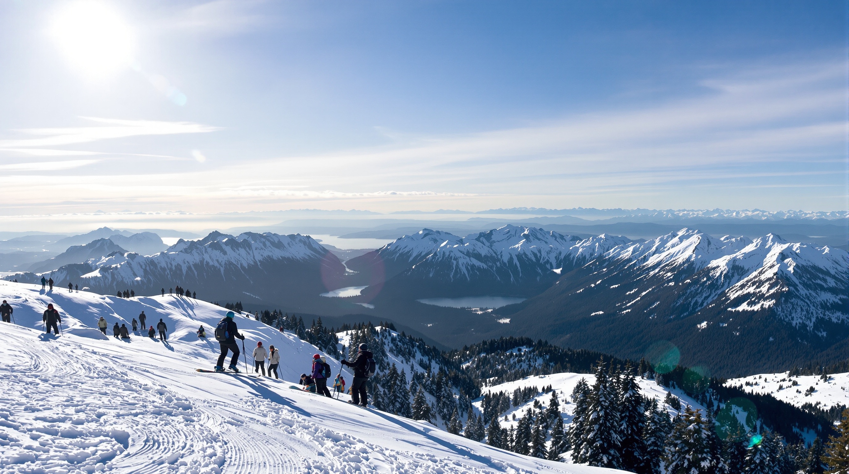 A view of Grouse Mountain with people skiing and snowboarding on a sunny day.