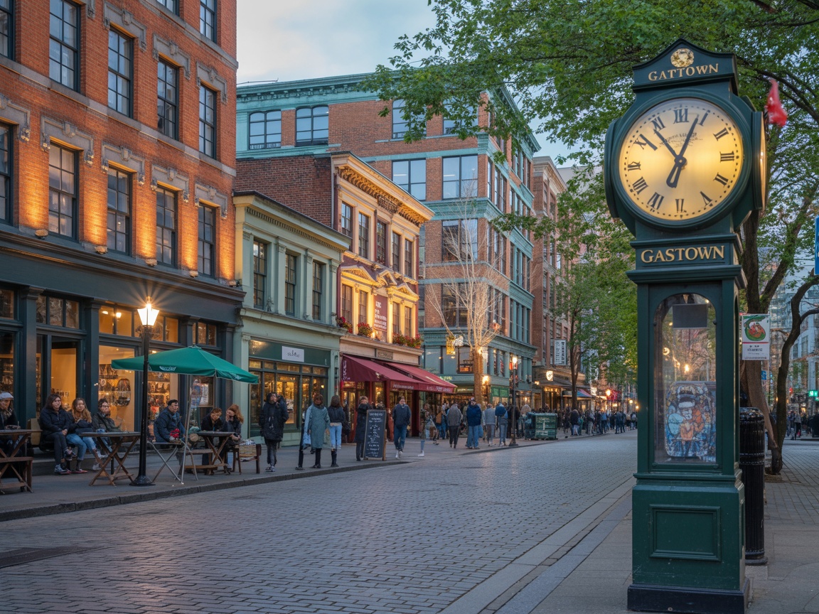 A picturesque view of Gastown in Vancouver, showcasing cobblestone streets, historic buildings, and the iconic steam clock.