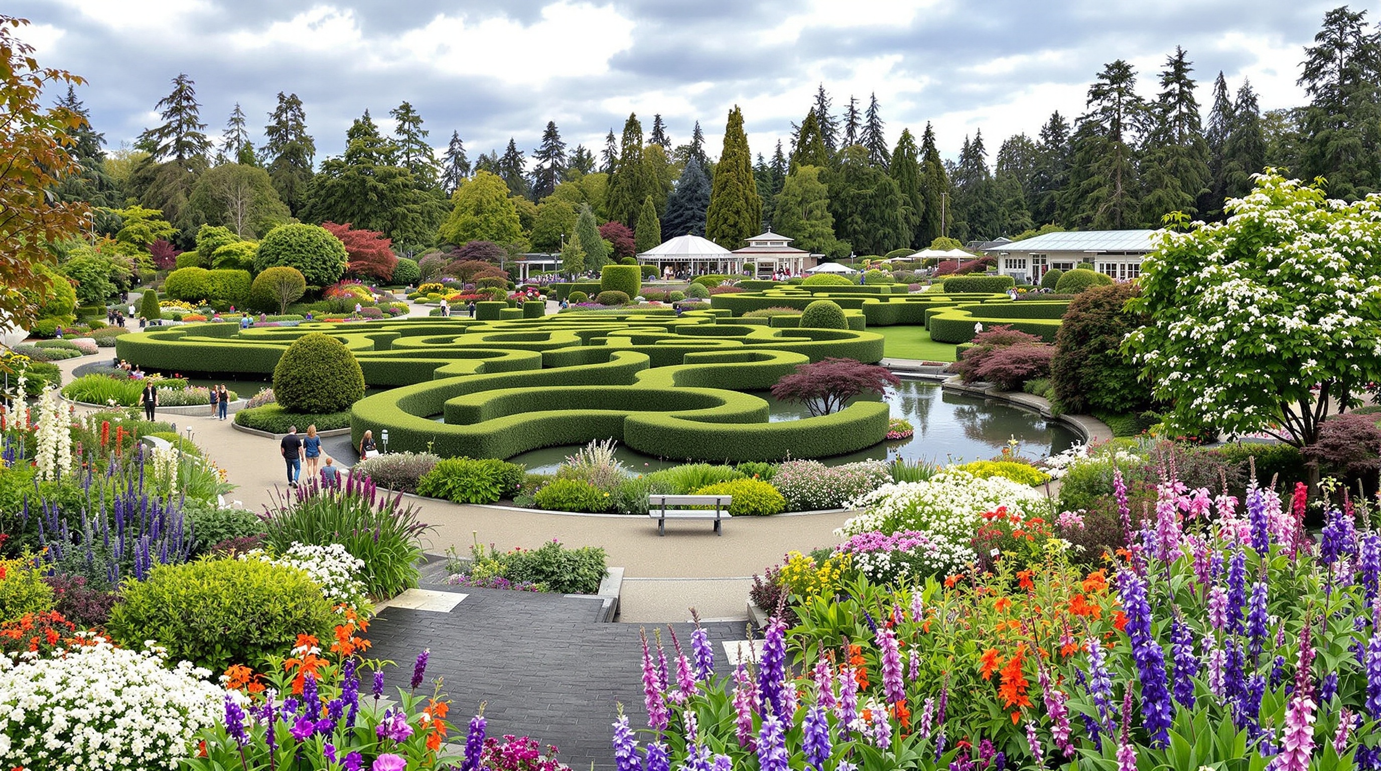 A beautiful view of the Vandusen Botanical Garden with vibrant flowers and neatly trimmed hedges.