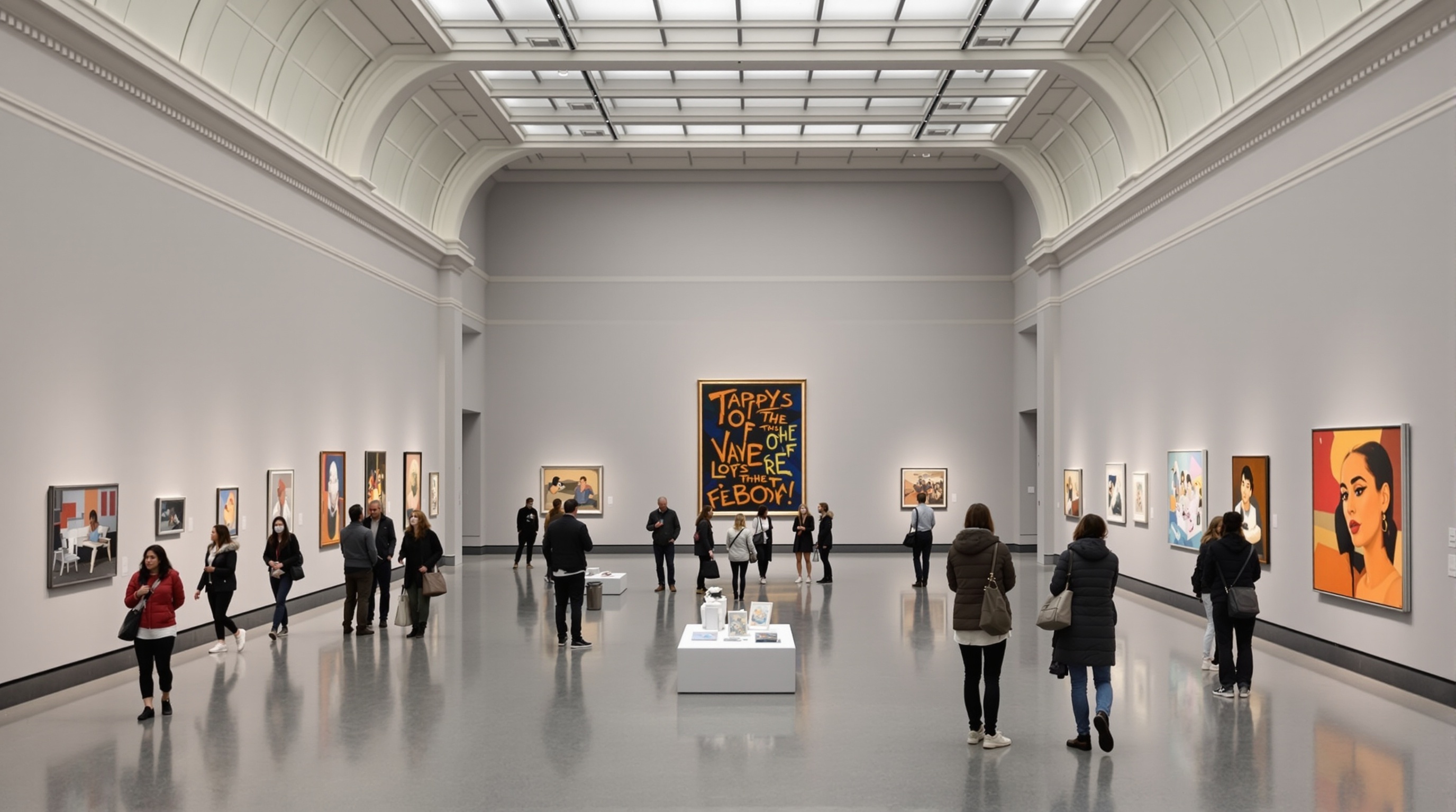 Interior view of the Vancouver Art Gallery with visitors admiring various artworks.