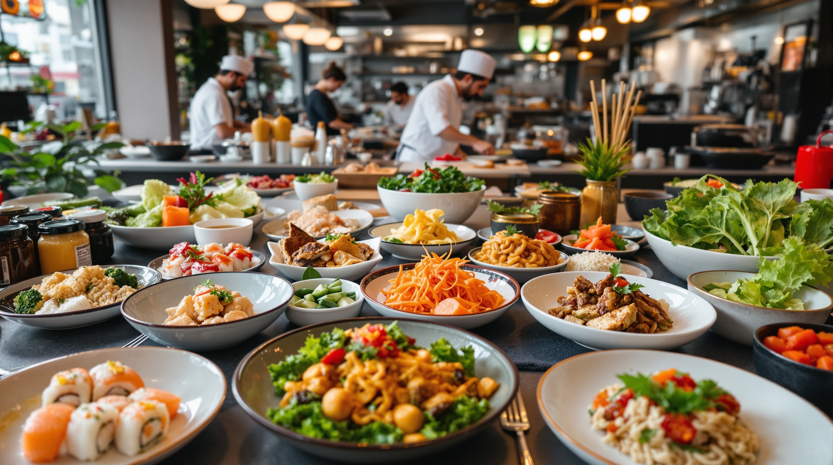 A variety of dishes showcasing Vancouver's diverse cuisine, with chefs preparing food in the background.