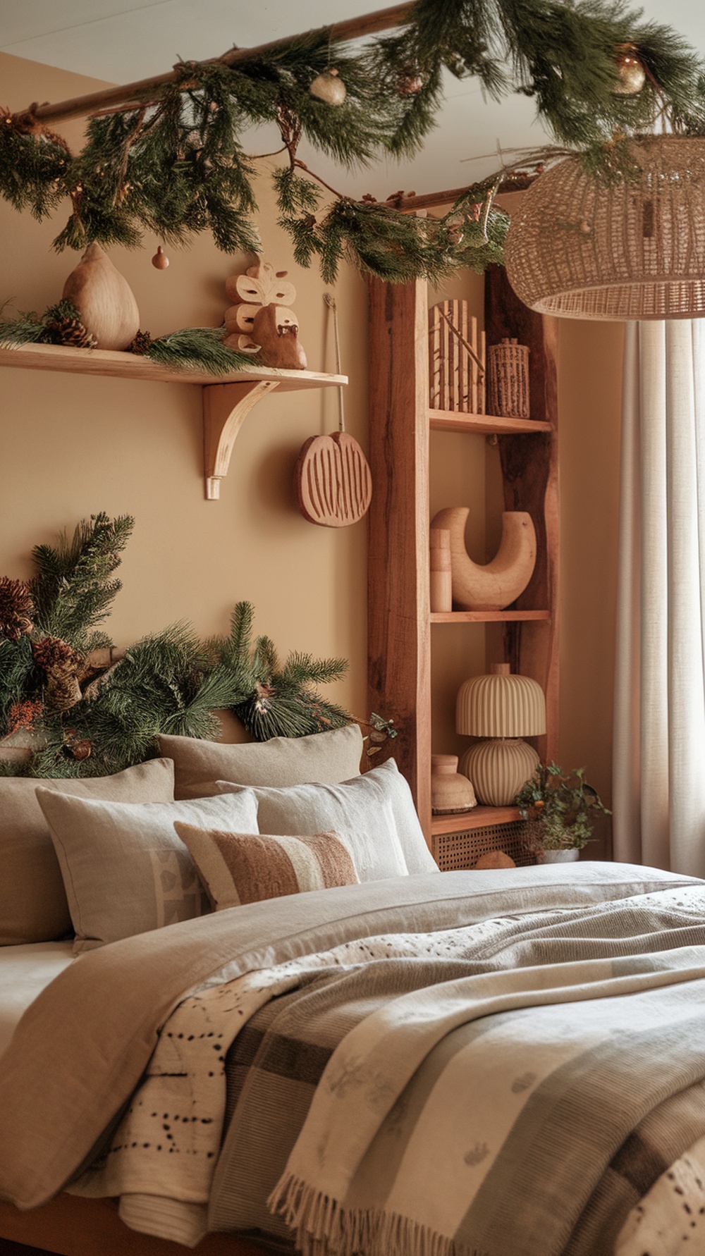 A cozy Christmas bedroom with organic decorations, featuring pine branches, wooden accents, and soft bedding.