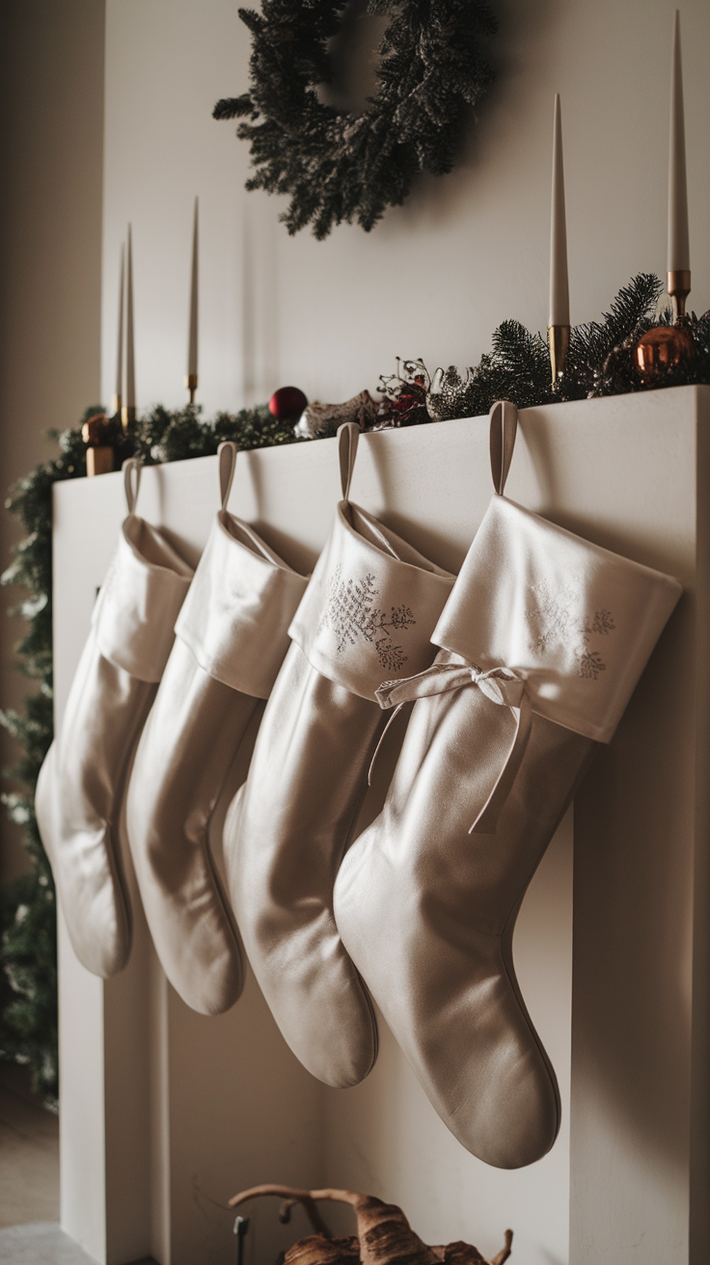 Chic stockings hanging on a mantel, decorated with a minimalist style for Christmas.