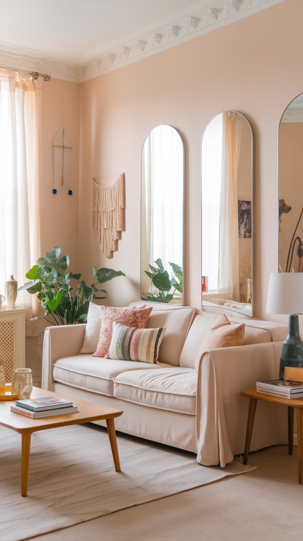 A cozy small living room with peach walls, a comfortable sofa, and plants, showcasing a light color scheme.