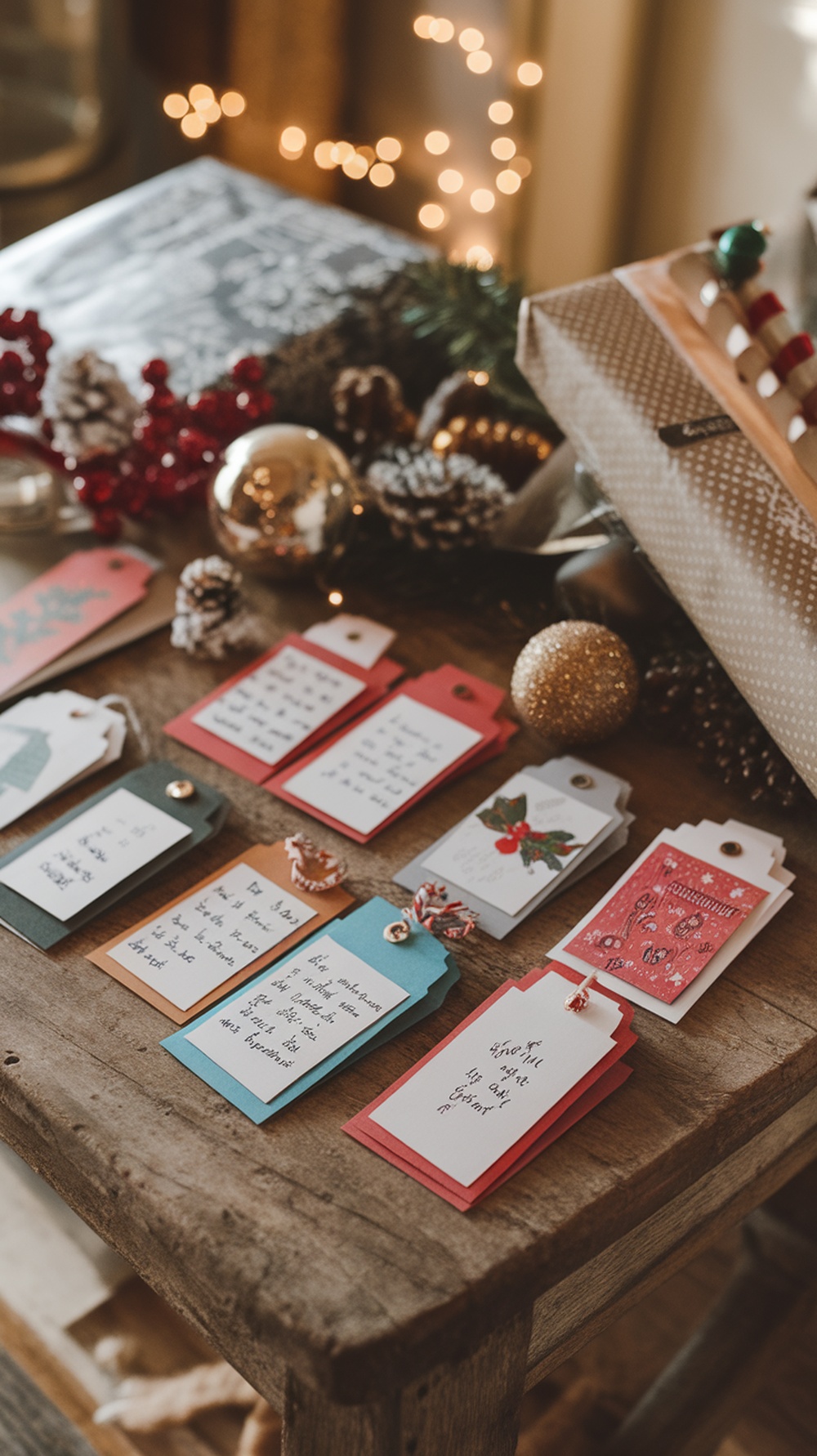 A collection of colorful DIY gift tags displayed on a wooden table, surrounded by holiday decorations.