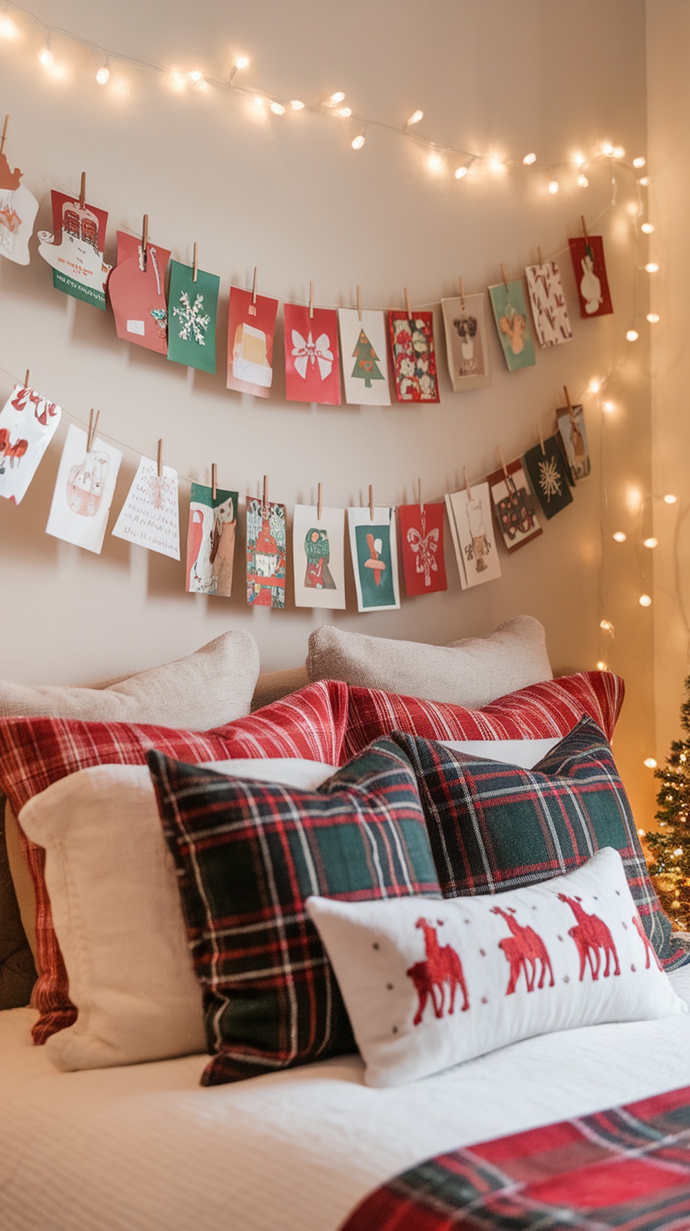 A cozy bedroom with a string of holiday cards displayed on the wall, surrounded by festive pillows and fairy lights.