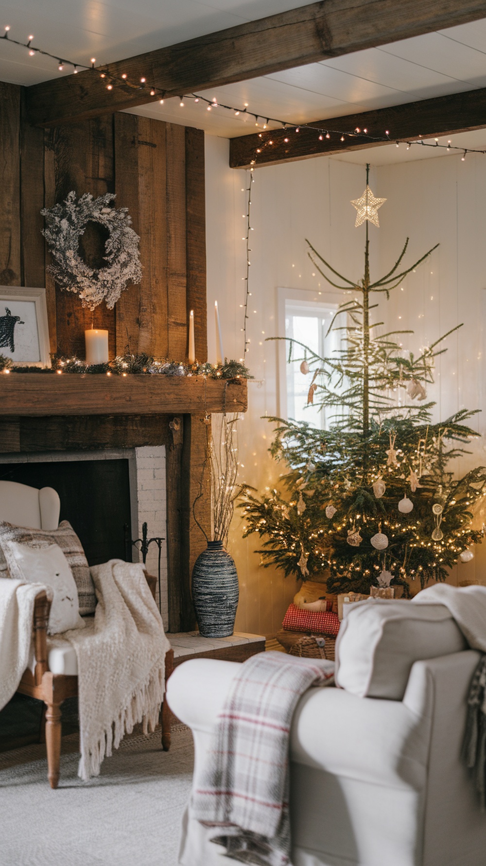 Cozy farmhouse Christmas decor with a decorated tree and rustic elements.