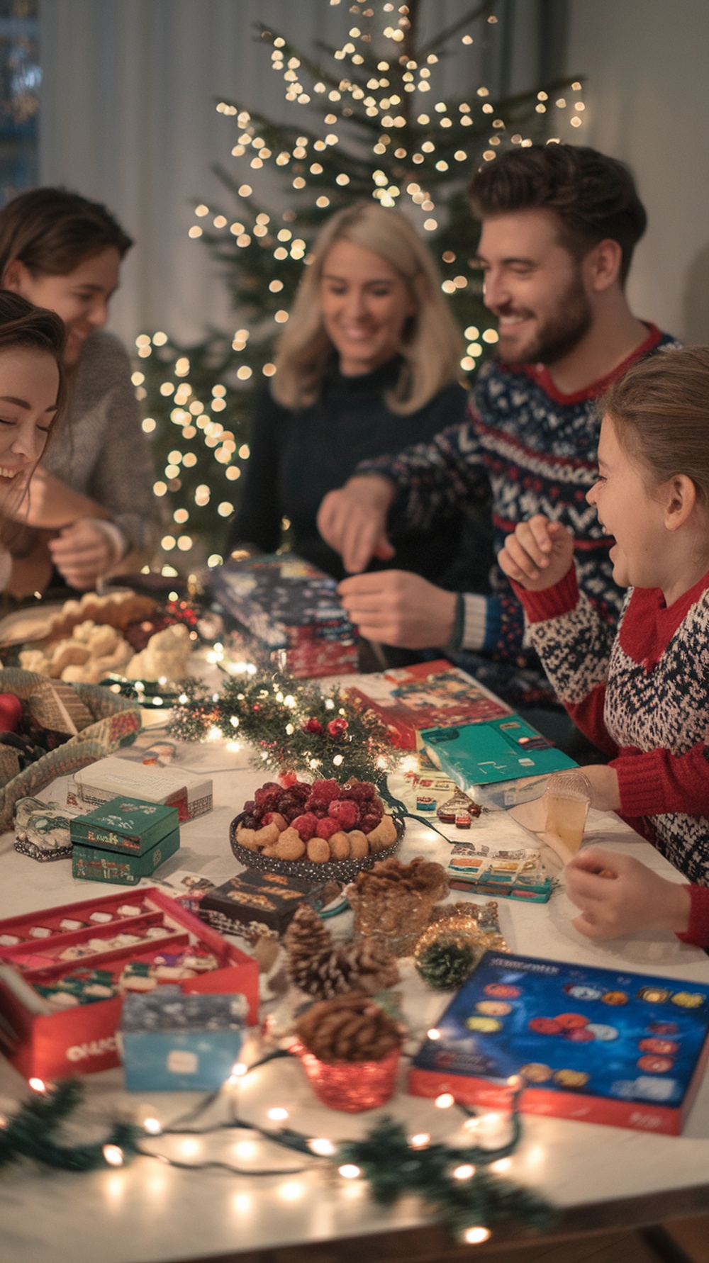 A family enjoying a game night during Christmas, surrounded by snacks and festive decorations.
