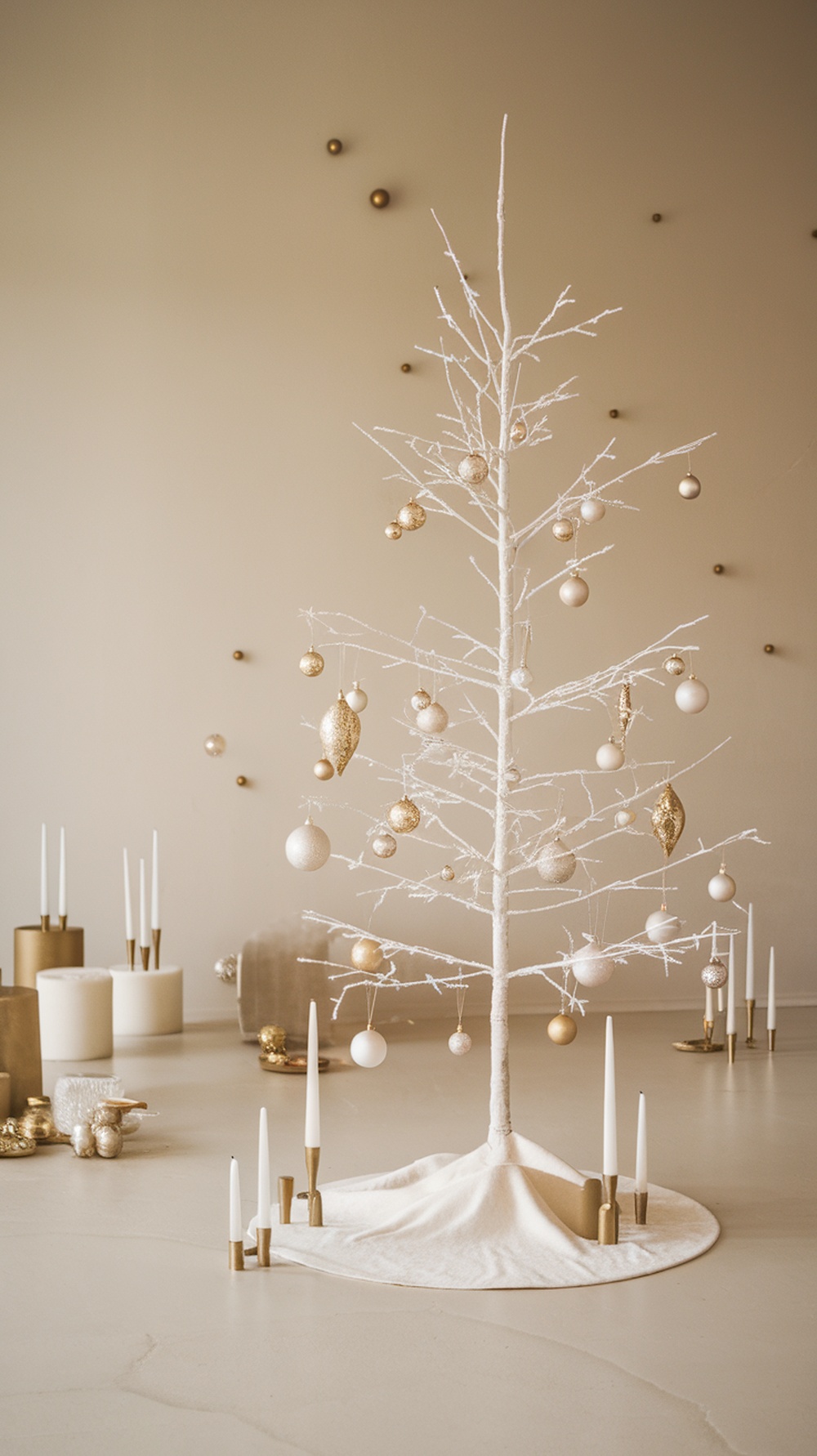 A minimalist white Christmas tree with gold and cream ornaments, surrounded by elegant candles and decorative elements.