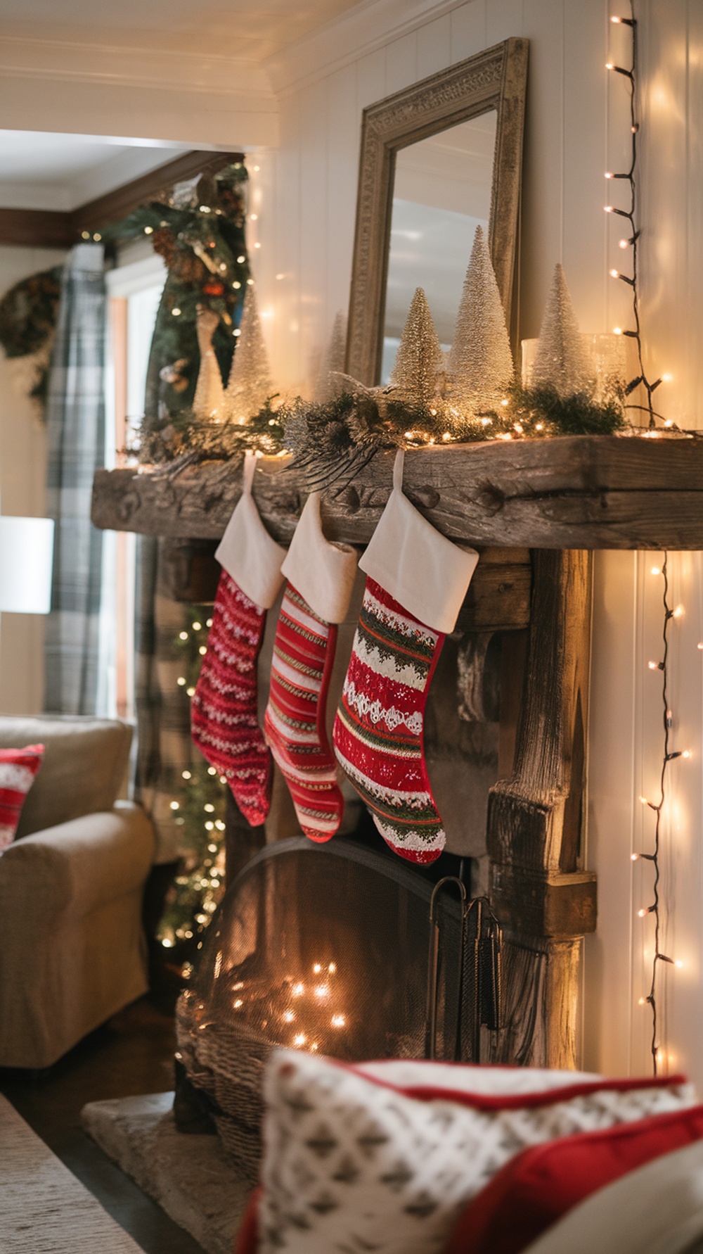 A cozy fireplace with colorful DIY Christmas stockings hanging from a rustic wooden mantel, decorated with twinkling lights and small trees.