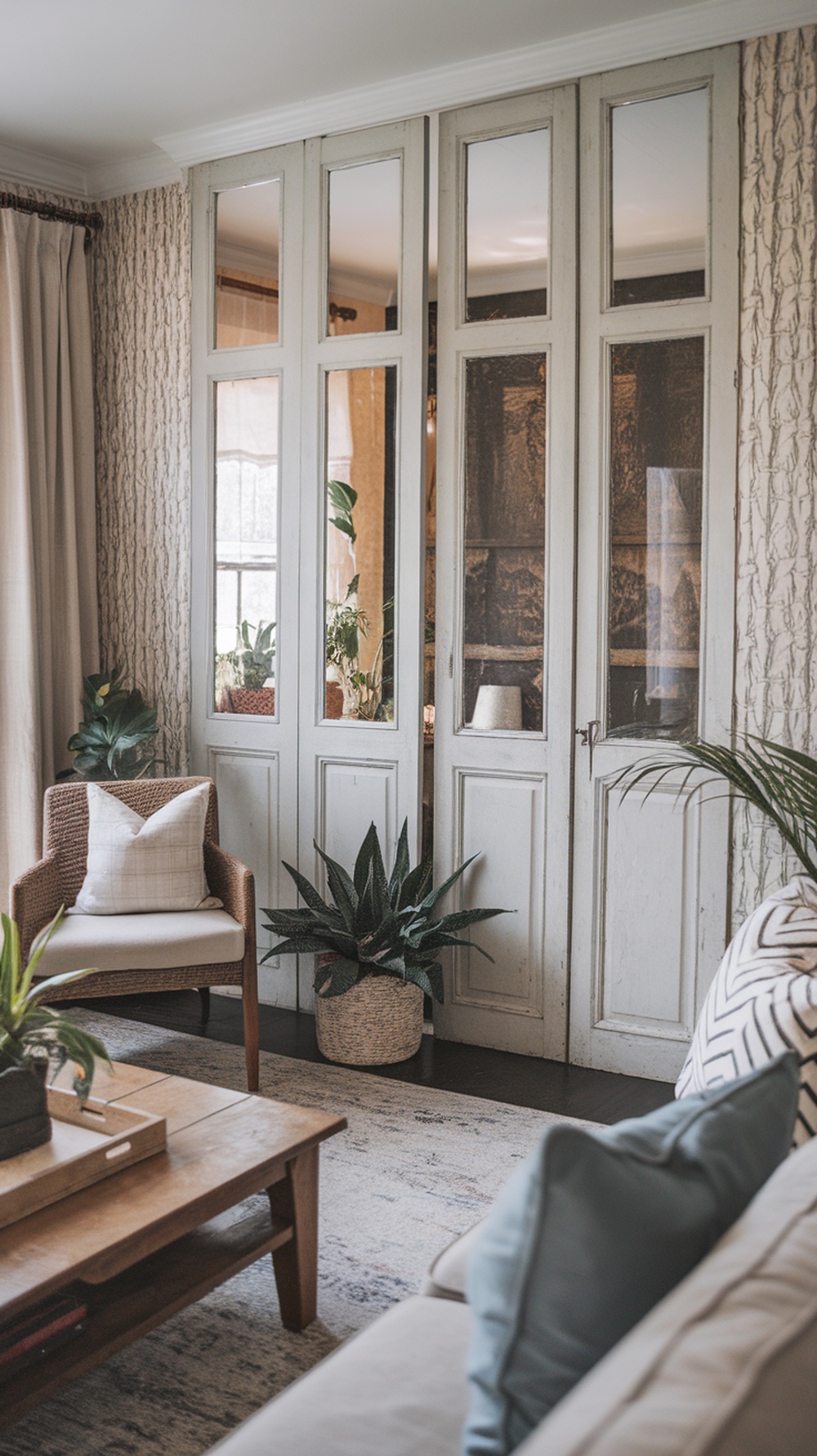A vintage door used as a living room divider with glass panels, surrounded by plants and cozy furniture.