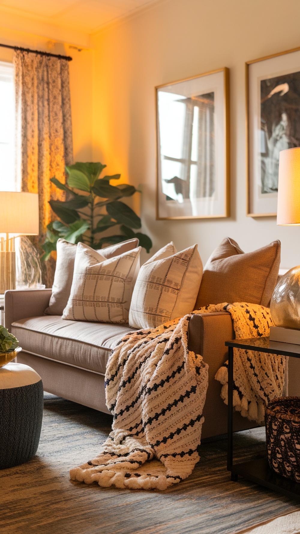 A cozy living room with a sofa adorned with layered textiles, including cushions and a throw blanket.