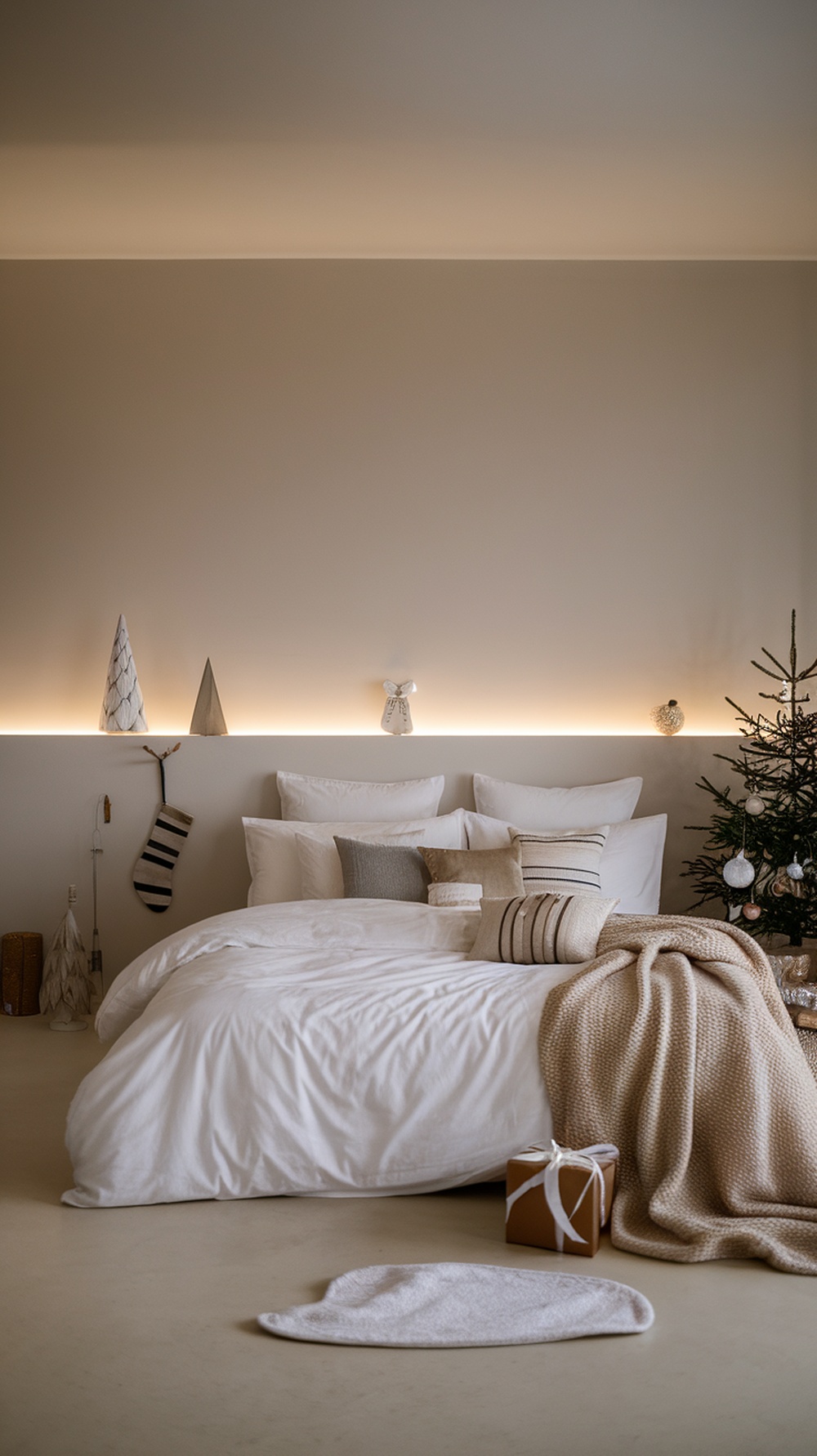 A minimalist Christmas bedroom featuring white bedding, neutral pillows, and simple holiday decorations.