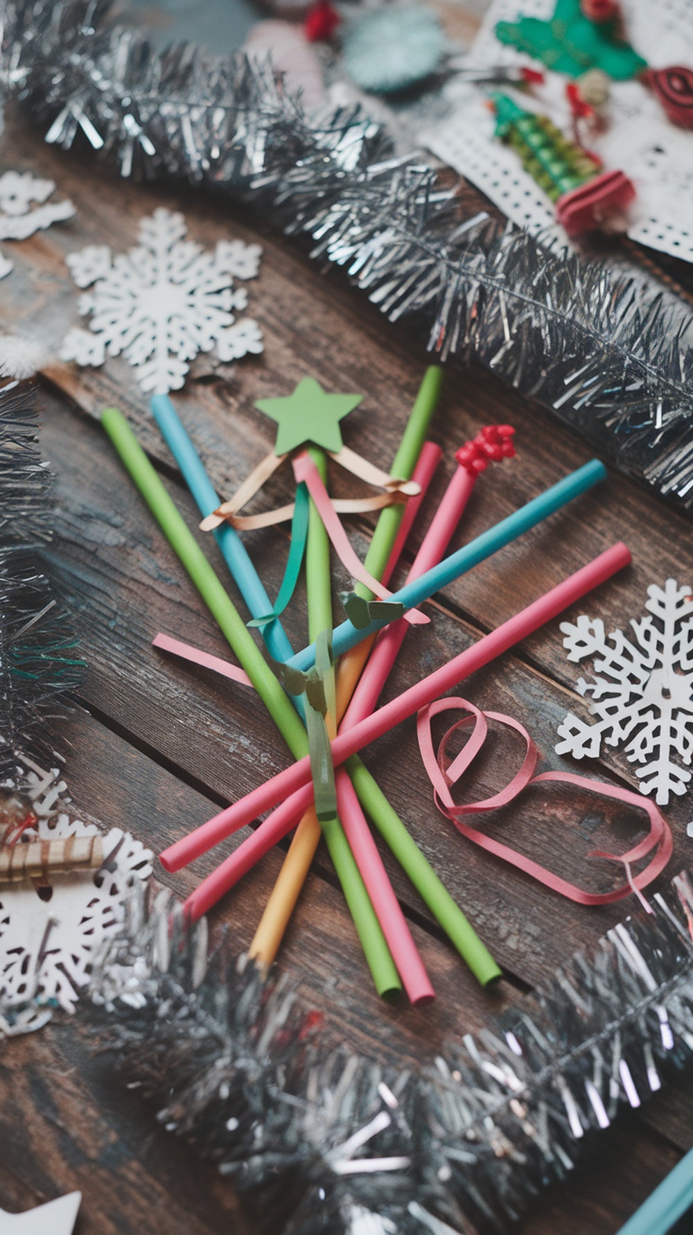 Colorful paper straws arranged creatively with festive decorations.