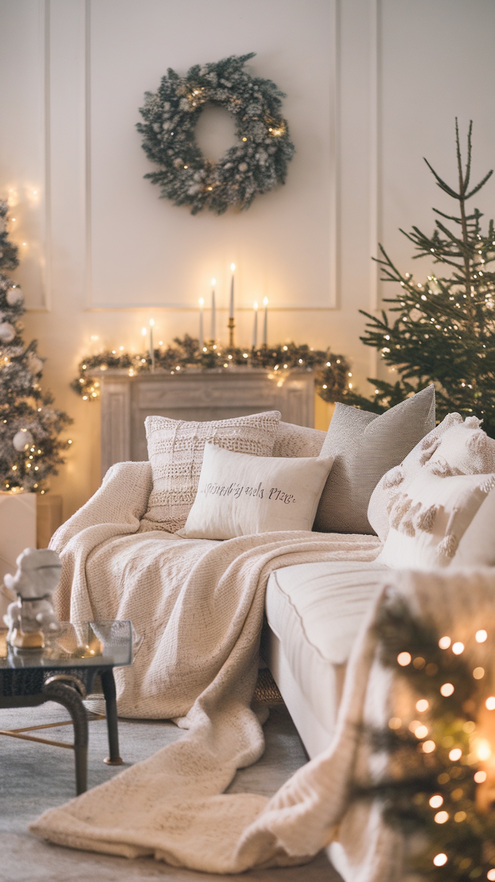 A cozy Christmas living room with a decorated tree, candles, and soft textiles.