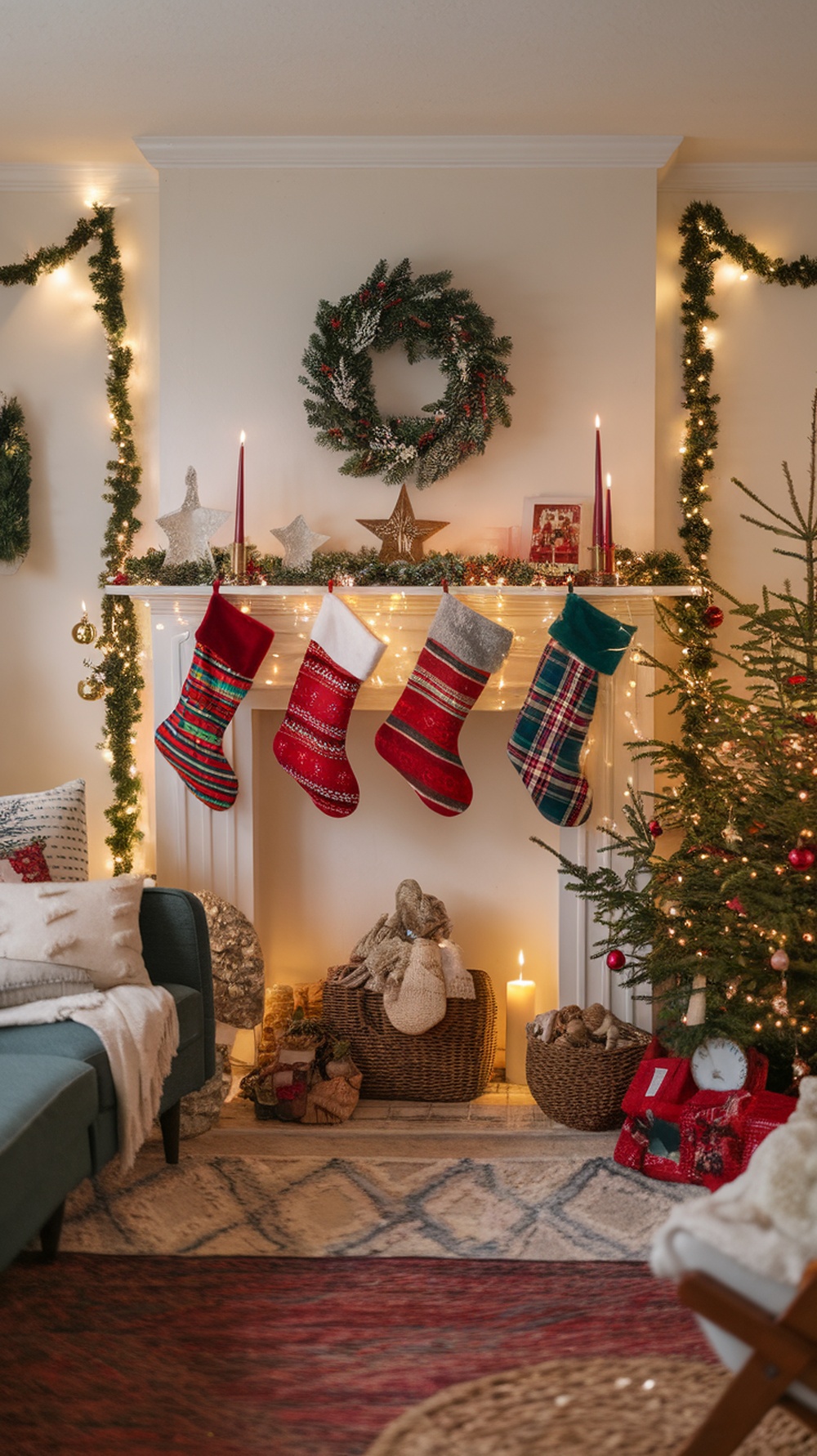 Colorful Christmas stockings hanging on a mantel with festive decorations