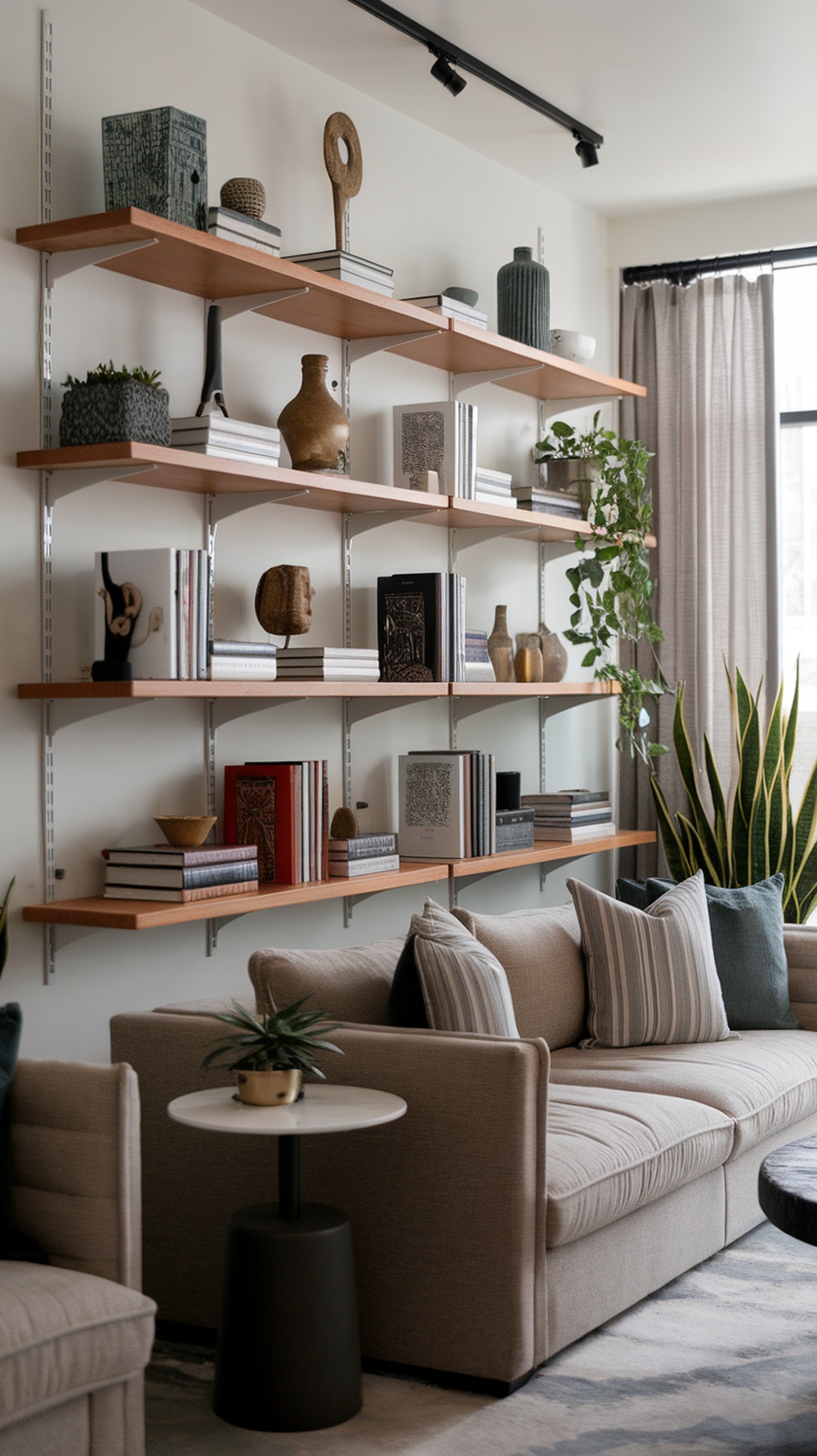 Open shelving in a living room displaying books and decorative items