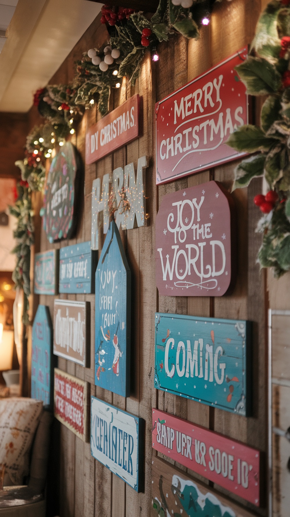 A collection of colorful DIY Christmas signs with cheerful messages displayed on a wooden wall.