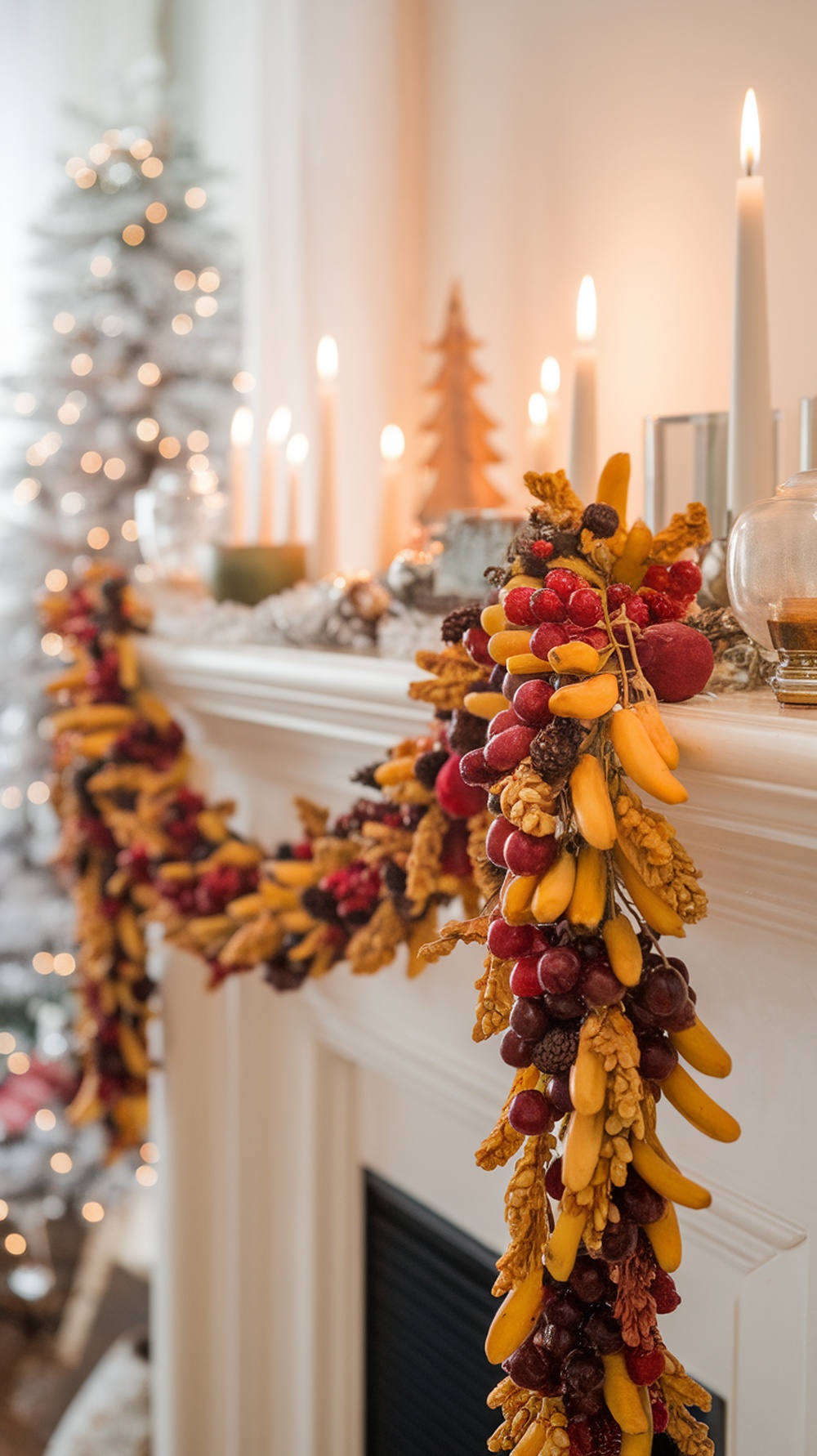 A colorful garland made of fruits and nuts hanging on a mantel, decorated for Christmas.