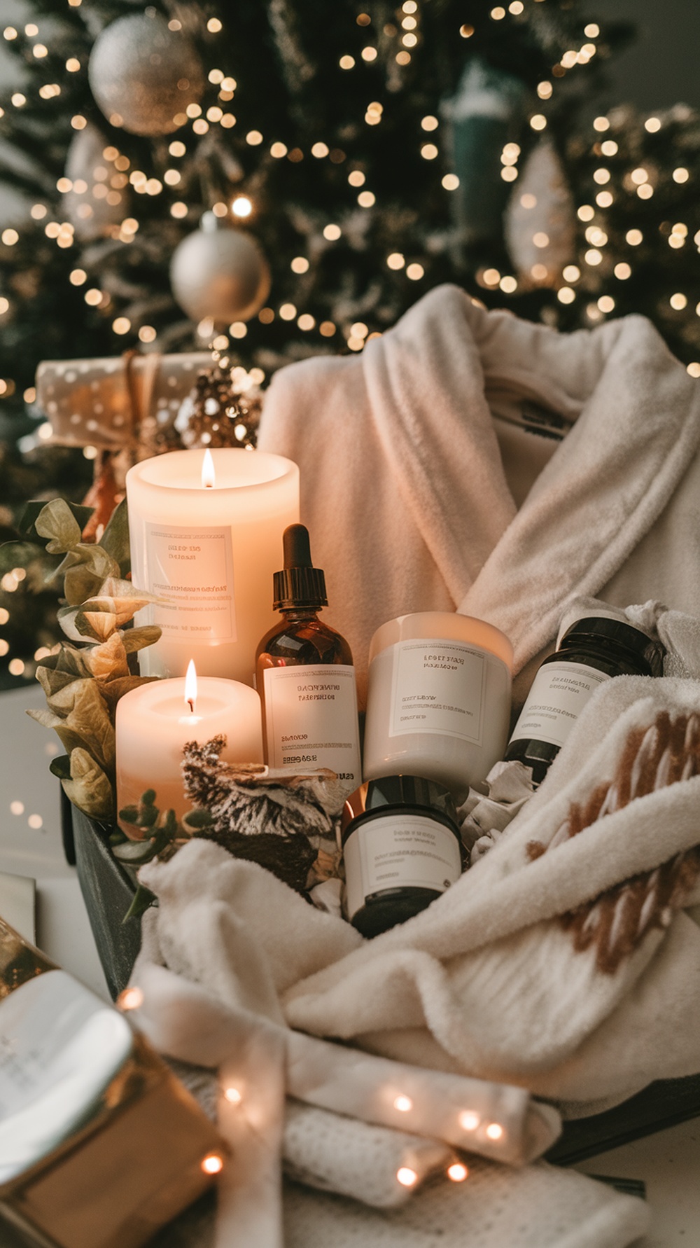 A luxurious gift basket filled with candles, skincare products, and a soft robe, set against a festive Christmas backdrop.