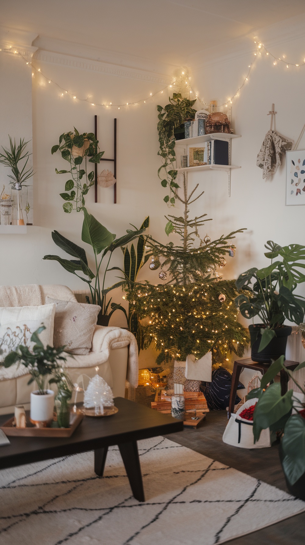 Cozy living room with a decorated Christmas tree and various houseplants